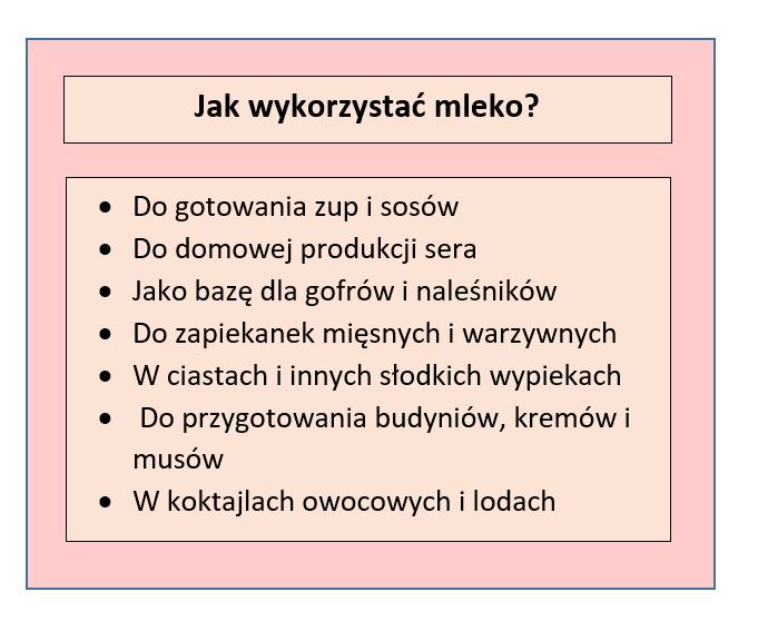 Tabela przedstawiająca sposoby wykorzystania mleka w kuchni; opracowanie własne