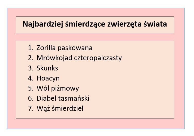 Tabela przedstawiająca zwierzęta o najbardziej nieprzyjemnych zapachach; opracowanie własne