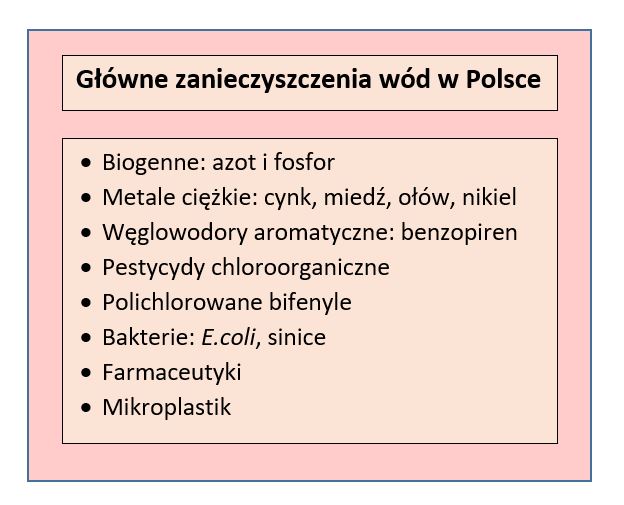 Tabela przedstawiająca główne zanieczyszczenia wód w Polsce; opracowanie własne na podst. danych GIOS.