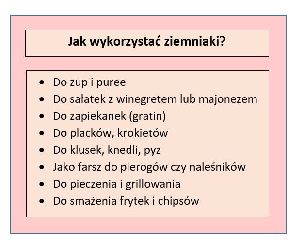 Tabela przedstawiająca sposoby wykorzystania ziemniaków w kuchni; opracowanie własne