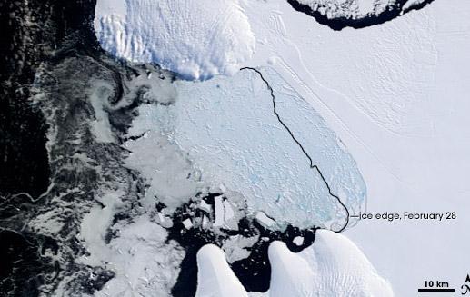 Fot.: Pęknięty most łączący szelf lodowy Wilkinsa (NASA)