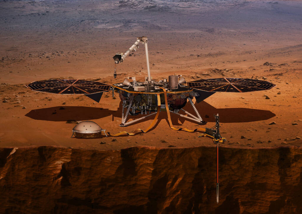 Lądownik InSight na powierzchni Marsa - wizualizacja. Źródło: NASA