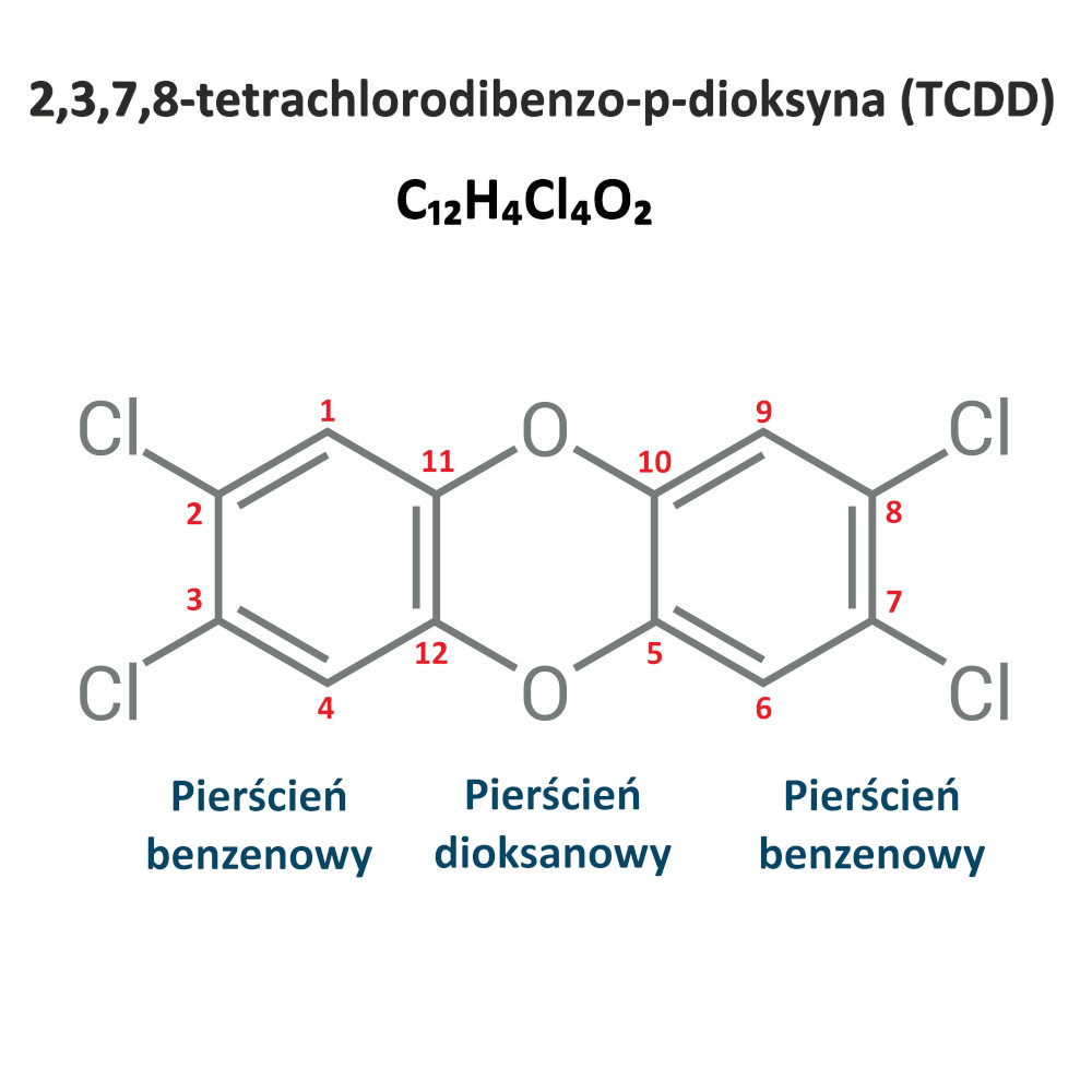 Budowa chemiczna cząsteczki 2,3,7,8-tetrachlorodibenzo-p-dioksyny (TCDD)