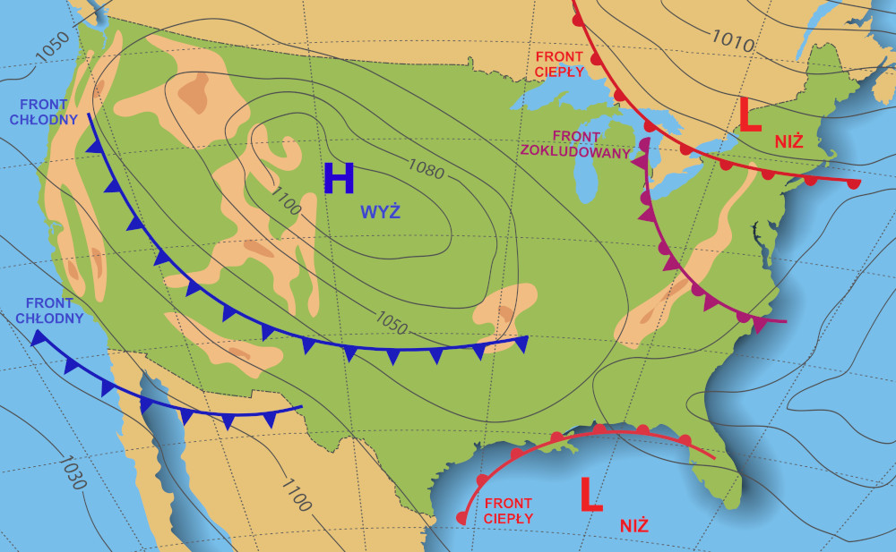 Fronty atmosferyczne na mapie synoptycznej