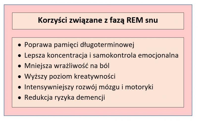 Tabela przedstawiająca korzyści z fazy REM snu; opracowanie własne