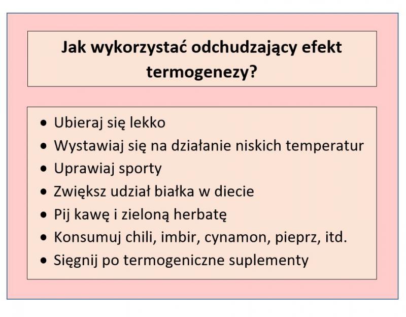 Tabela przedstawiająca jak można schudnąć dzięki termogenezie; opracowanie własne