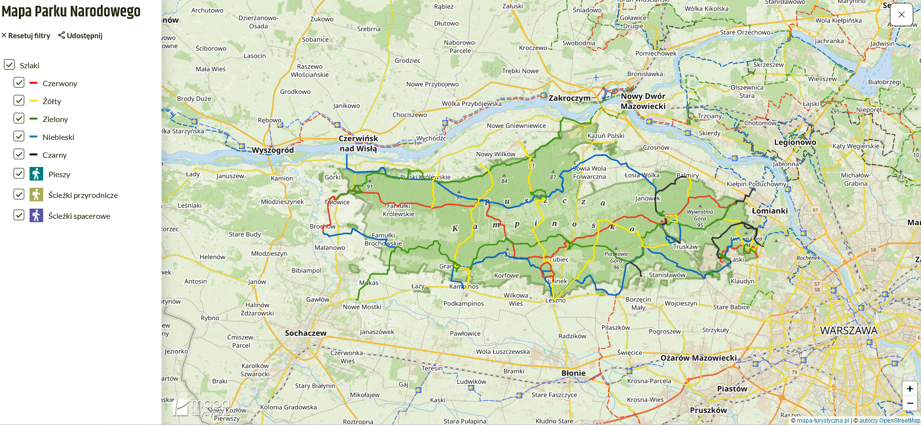 Mapa szlaków turystycznych w KPN