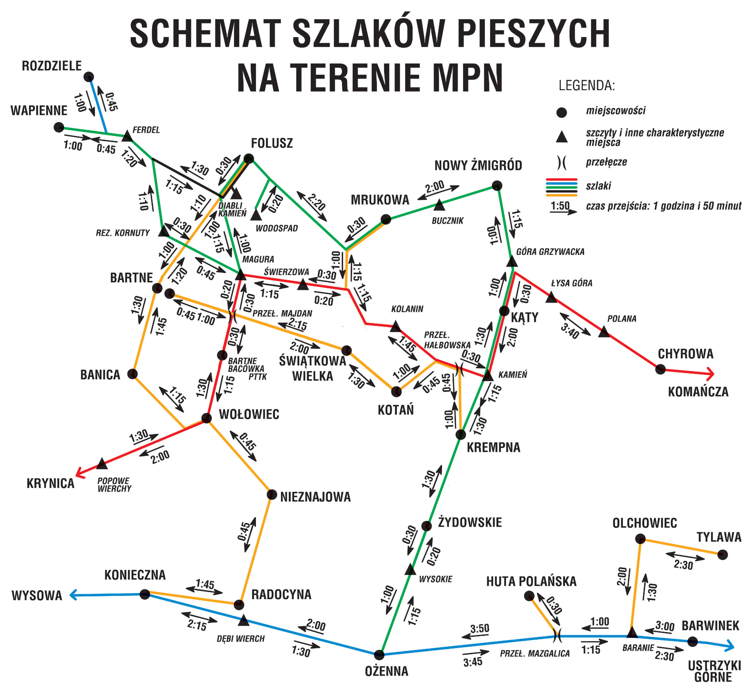 Schemat szlaków turystycznych w MPN