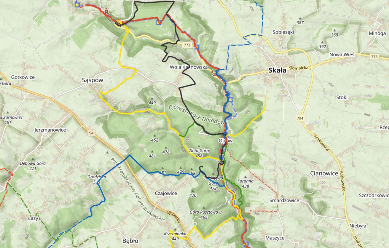Mapa szlaków turystycznych w OPN