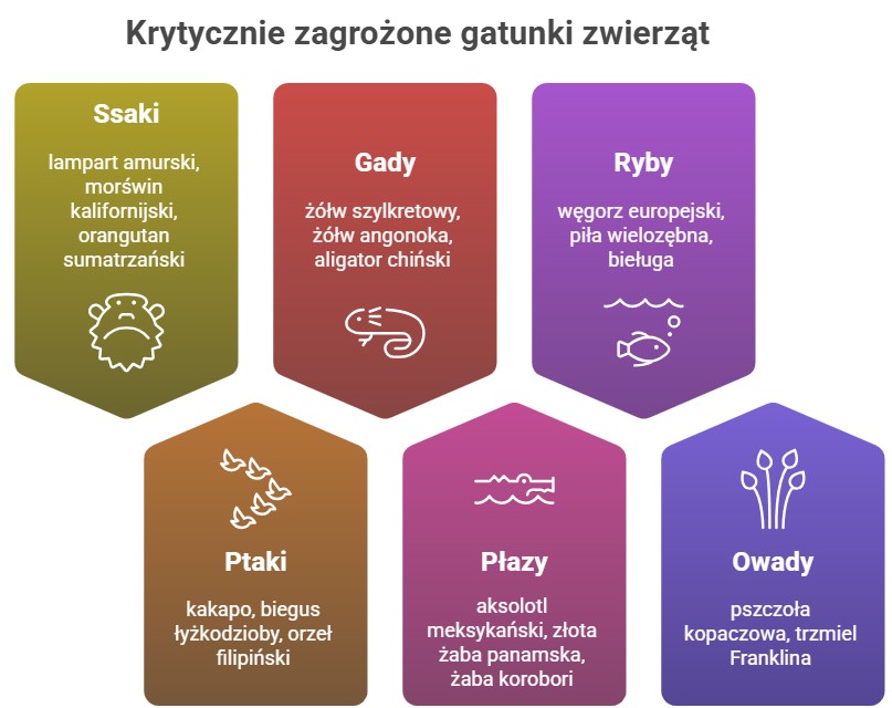 Przykłady gatunków krytycznie zagrożonych wyginięciem; opracowanie własne na podst. IUCN