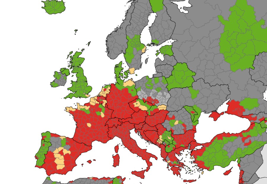 Mapa przedstawiająca zasięg komarów z inwazyjnych gatunków rodzaju Aedes w Europie